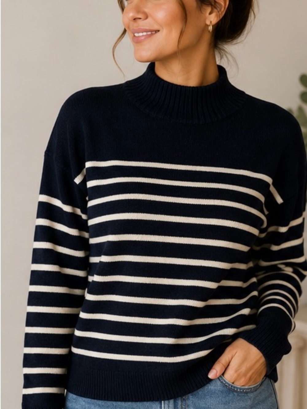 Nautica Navy and Cream Striped Cotton Mix Sweater European French Coastal Style